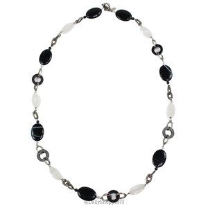Doncaster Real Stone Banded Black Agate & Quartz Chain Linked Opera Necklace